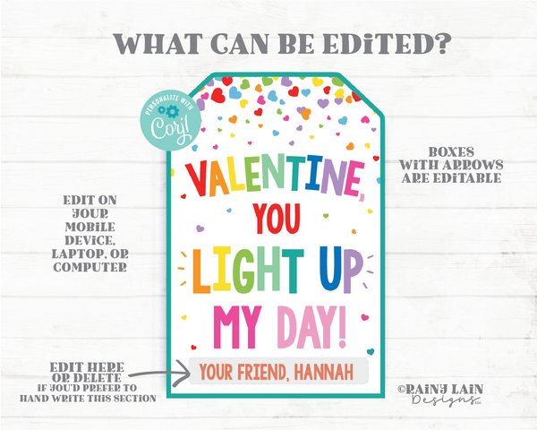 You light up my day Finger lights Valentine Tag Glow Stick Lite bracelet Preschool Valentines Non-Candy Classroom Printable Valentine Tags