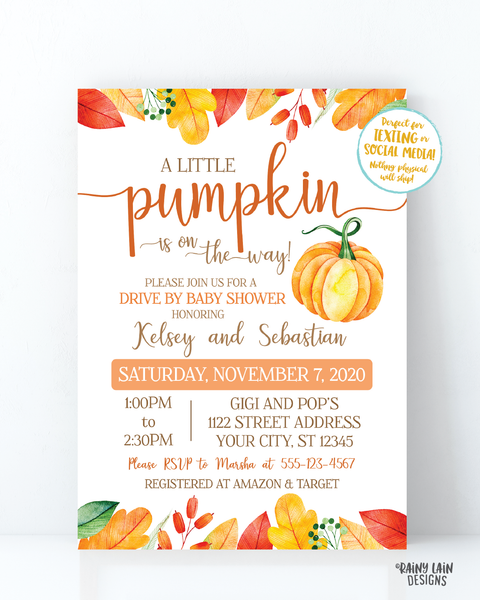 Little Pumpkin Drive By Baby Shower Invitation Fall Drive By Baby Shower Invite Autumn Leaves Rustic A Little Pumpkin is on the way invite