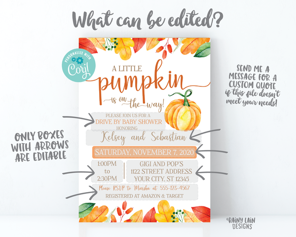 Little Pumpkin Drive By Baby Shower Invitation Fall Drive By Baby Shower Invite Autumn Leaves Rustic A Little Pumpkin is on the way invite