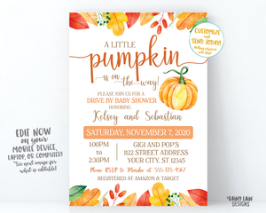 Little Pumpkin Drive By Baby Shower Invitation Fall Drive By Baby Shower Invite Autumn Leaves Rustic A Little Pumpkin is on the way invite