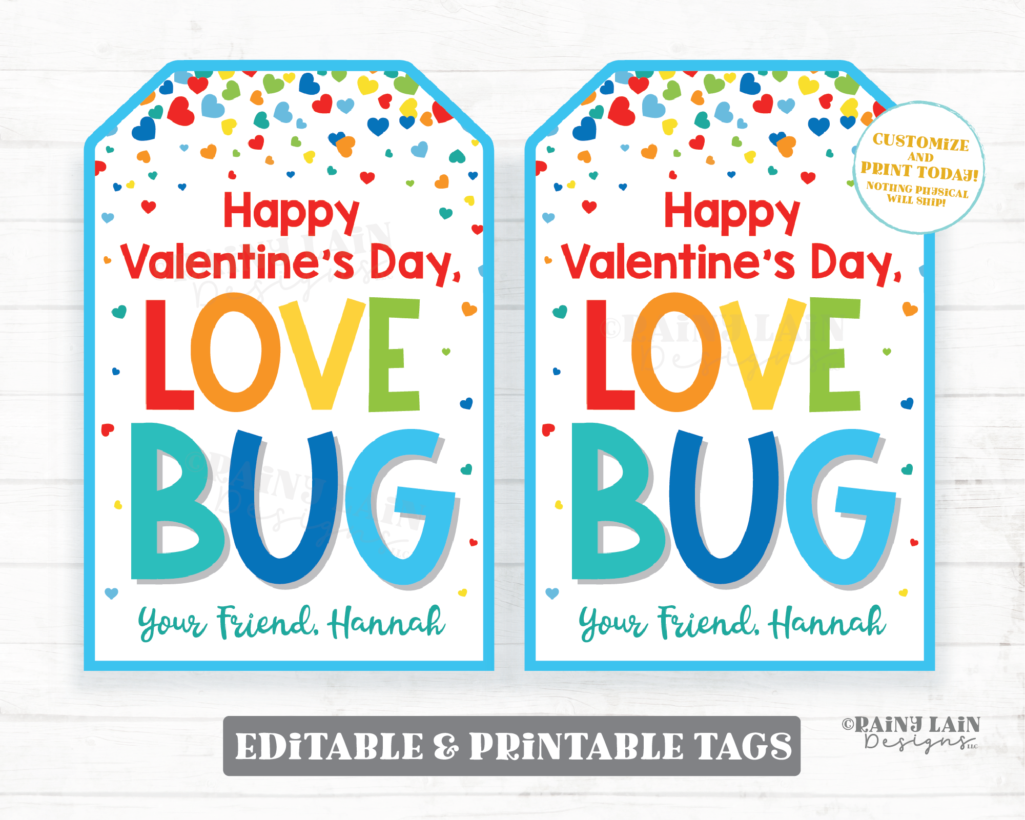 Happy Valentine's Day Love Bug Tag Caterpillar Ladybug Worm Preschool Classroom Friend Printable Kids Non-Candy Valentine Favor Gift Tag