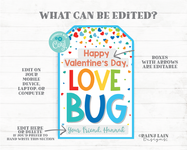 Happy Valentine's Day Love Bug Tag Caterpillar Ladybug Worm Preschool Classroom Friend Printable Kids Non-Candy Valentine Favor Gift Tag