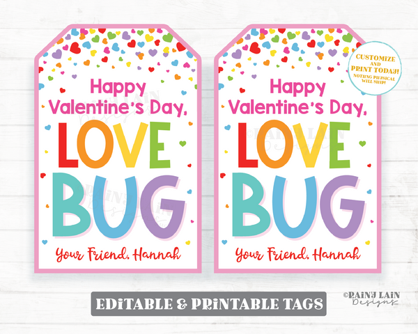 Love Bug Valentine Tag Caterpillar Ladybug Worm Valentines Preschool Classroom Friend Printable Kids Non-Candy Valentine Favor Gift Tag