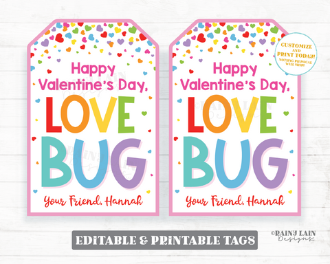 Love Bug Valentine Tag Caterpillar Ladybug Worm Valentines Preschool Classroom Friend Printable Kids Non-Candy Valentine Favor Gift Tag