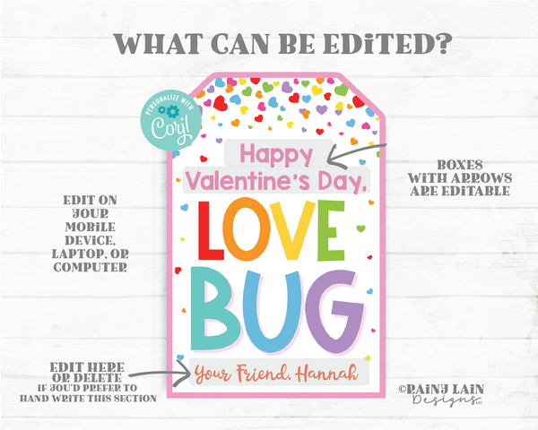 Love Bug Valentine Tag Caterpillar Ladybug Worm Valentines Preschool Classroom Friend Printable Kids Non-Candy Valentine Favor Gift Tag