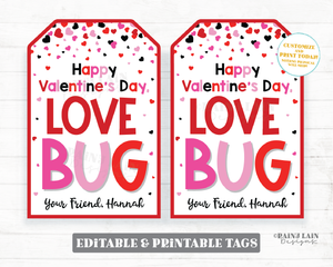 Love Bug Tag Caterpillar Ladybug Valentine Worm Preschool Classroom Friend Printable Kids Non-Candy Valentine Favor Gift Tag
