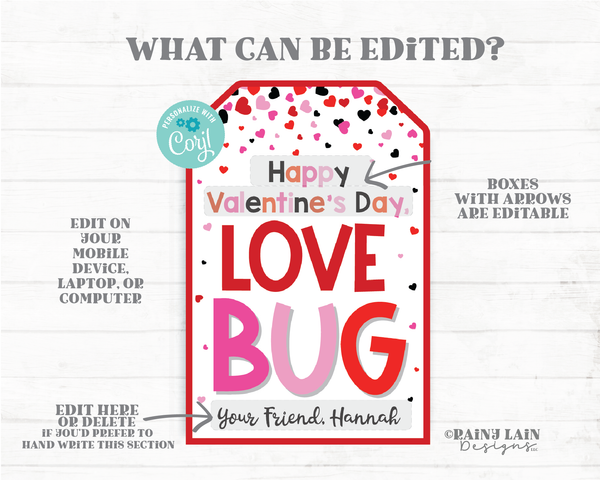 Love Bug Tag Caterpillar Ladybug Valentine Worm Preschool Classroom Friend Printable Kids Non-Candy Valentine Favor Gift Tag