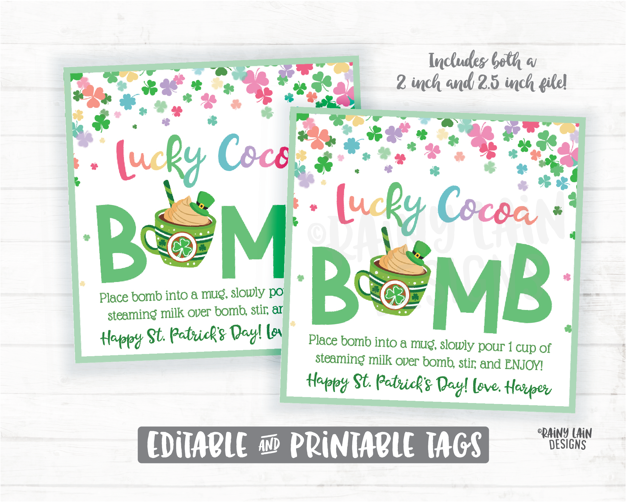 St Patrick's Day Hot Chocolate Bomb Tags, Lucky Cocoa Bomb Tags, Rainbow Hot Cocoa Bomb Tags Printables Bakery Labels Cookie Tag Cookie Card