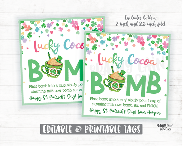 St Patrick's Day Hot Chocolate Bomb Tags, Lucky Cocoa Bomb Tags, Rainbow Hot Cocoa Bomb Tags Printables Bakery Labels Cookie Tag Cookie Card