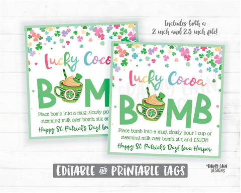 St Patrick's Day Hot Chocolate Bomb Tags, Lucky Cocoa Bomb Tags, Rainbow Hot Cocoa Bomb Tags Printables Bakery Labels Cookie Tag Cookie Card