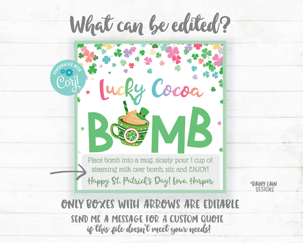 St Patrick's Day Hot Chocolate Bomb Tags, Lucky Cocoa Bomb Tags, Rainbow Hot Cocoa Bomb Tags Printables Bakery Labels Cookie Tag Cookie Card