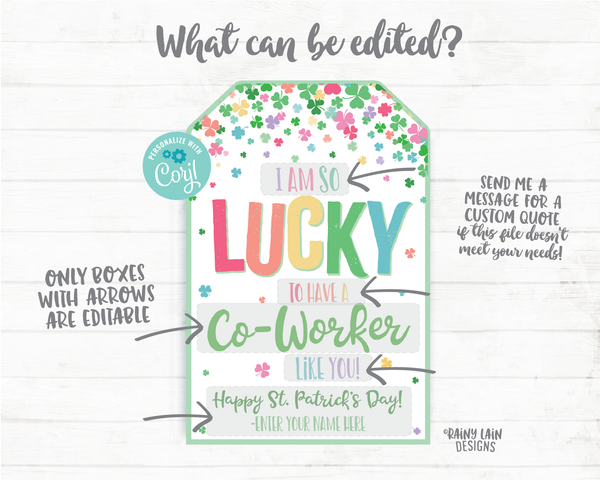 Lucky to have a Co-worker like you St Patrick's Day Gift Tag Shamrocks Staff Appreciation Co-Worker Frontline Employee Teacher Thank you