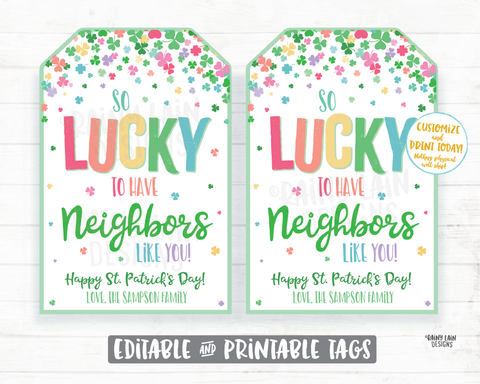 So Lucky to have Neighbors like you St Patrick's Day Gift Tag Shamrocks Neighbor Thank You Tag Neighbor St Patty's Tag Friend Gift Tag