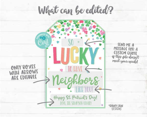So Lucky to have Neighbors like you St Patrick's Day Gift Tag Shamrocks Neighbor Thank You Tag Neighbor St Patty's Tag Friend Gift Tag
