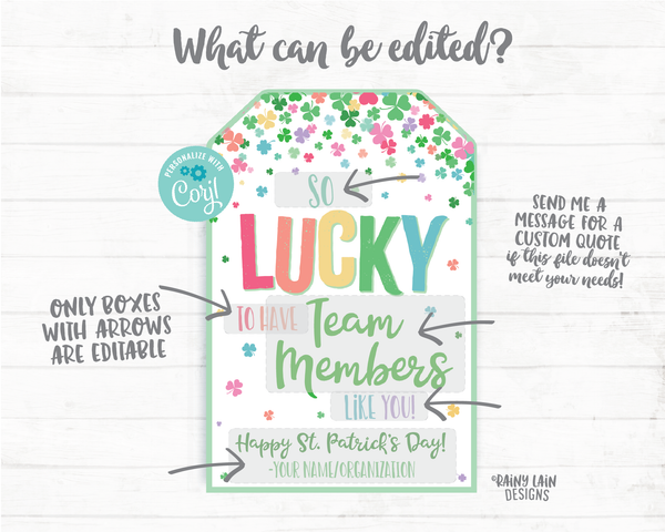 Lucky to have Team Members like you St Patrick's Day Employee Gift Tag Shamrocks Staff Appreciation Co-Worker Frontline Teacher Thank you