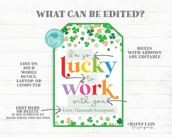 Lucky to Work With You Tag Employee Staff Appreciation Co-Worker St Patrick's Day Gift Tag Shamrocks Principal Teacher Thank you Boss Nurse