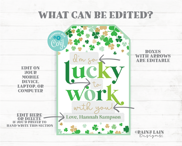 Lucky to Work With You St Patrick's Day Employee Gift Tag Shamrocks Staff Appreciation Co-Worker Principal Teacher Thank you Boss Nurse