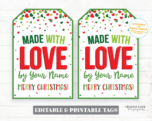 Made with Love Editable Tags, Homemade Gift Tags, Handmade Gift Tags, Made with Love Christmas Gift Tag, Merry Christmas Printable Tag