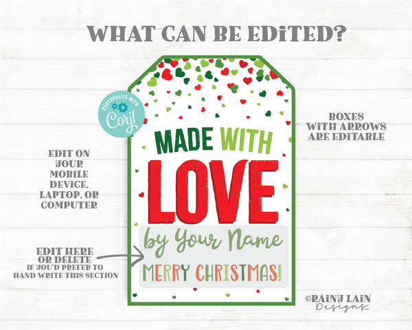 Made with Love Editable Tags, Homemade Gift Tags, Handmade Gift Tags, Made with Love Christmas Gift Tag, Merry Christmas Printable Tag