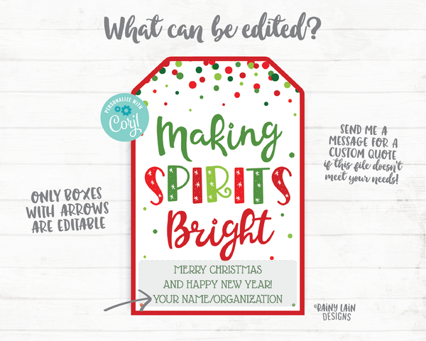 Making Spirits Bright Tag Christmas Gift Tag Holiday Employee Co-worker Thank you Appreciation Cocktail Mix Wine Beer Liquor Drink Spirits