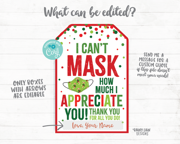 Can't Mask How Much We Appreciate You Face Mask Gift Tag Christmas Tags Company Essential Staff Teacher Mask Tag Employee Appreciation Tag