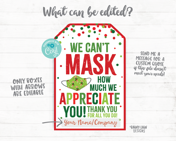 Can't Mask How Much We Appreciate You Face Mask Gift Tag Christmas Tags Employee Appreciation Tag Company Essential Staff Teacher Mask Tag