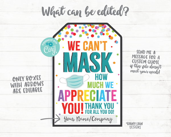 Can't Mask How Much we Appreciate You Face Mask Gift Tag Mask Tag Employee Appreciation Tag Company Frontline Essential Worker Staff Teacher