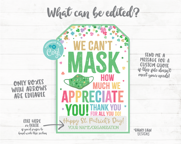Can't Mask How Much We Appreciate You Face Mask Gift Tag St. Patrick's Day Employee Appreciation Company Essential Staff Teacher Mask Tag
