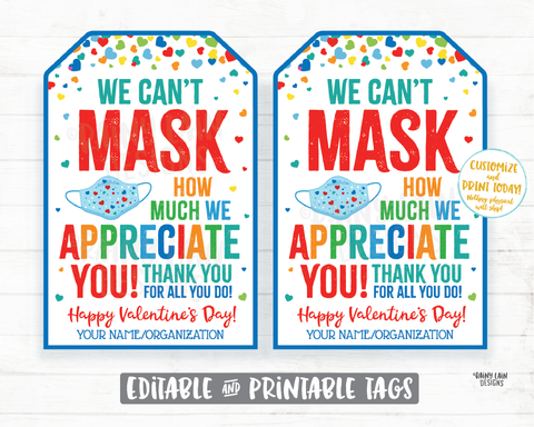 Can't Mask How Much We Appreciate You Face Mask Gift Tag Valentine's Day Tags Essential Staff Teacher Mask Tag Employee Appreciation Company