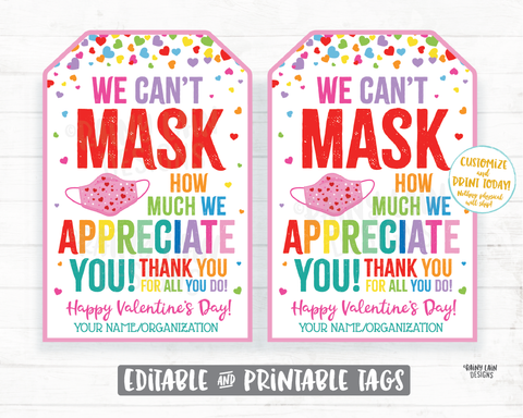 Can't Mask How Much We Appreciate You Face Mask Gift Tag Valentine's Day Tags Employee Appreciation Company Essential Staff Teacher Mask Tag