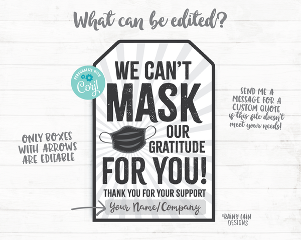 Can't Mask our Gratitude Tag Face Mask Gift Teacher Mask Tag Employee Appreciation Tag Company Frontline Essential Worker Staff Corporate