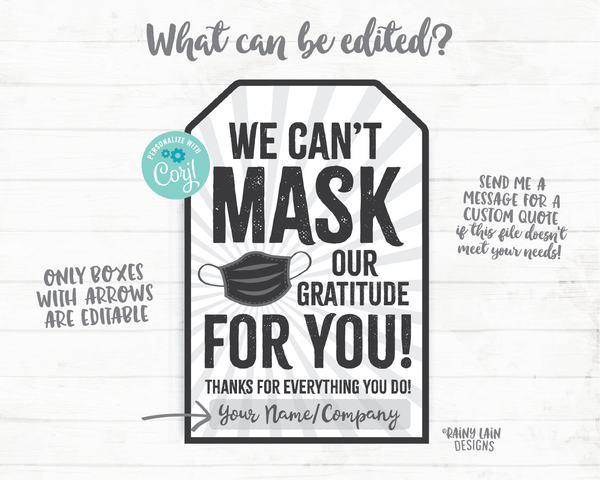 Can't Mask our Gratitude Tag Face Mask Gift Employee Appreciation Tag Company Frontline Essential Worker Staff Corporate Teacher Mask Tag