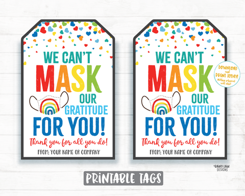 Face Mask Gift Tag, Can't Mask our Gratitude, Mask Tag, Employee Appreciation Tag Company Frontline Essential Worker Staff Corporate Teacher
