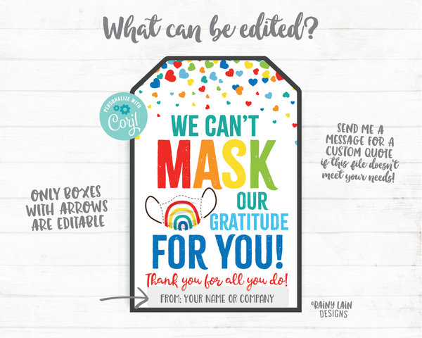 Face Mask Gift Tag, Can't Mask our Gratitude, Mask Tag, Employee Appreciation Tag Company Frontline Essential Worker Staff Corporate Teacher