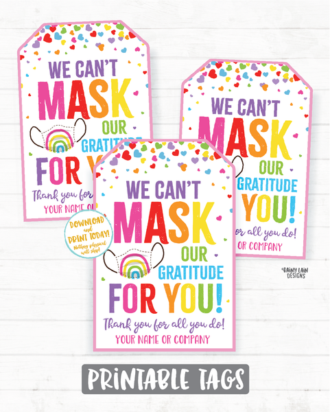 Face Mask Gift Tag, Can't Mask our Gratitude Mask Tag, Employee Appreciation Tag Company Frontline Essential Worker Staff Corporate Teacher
