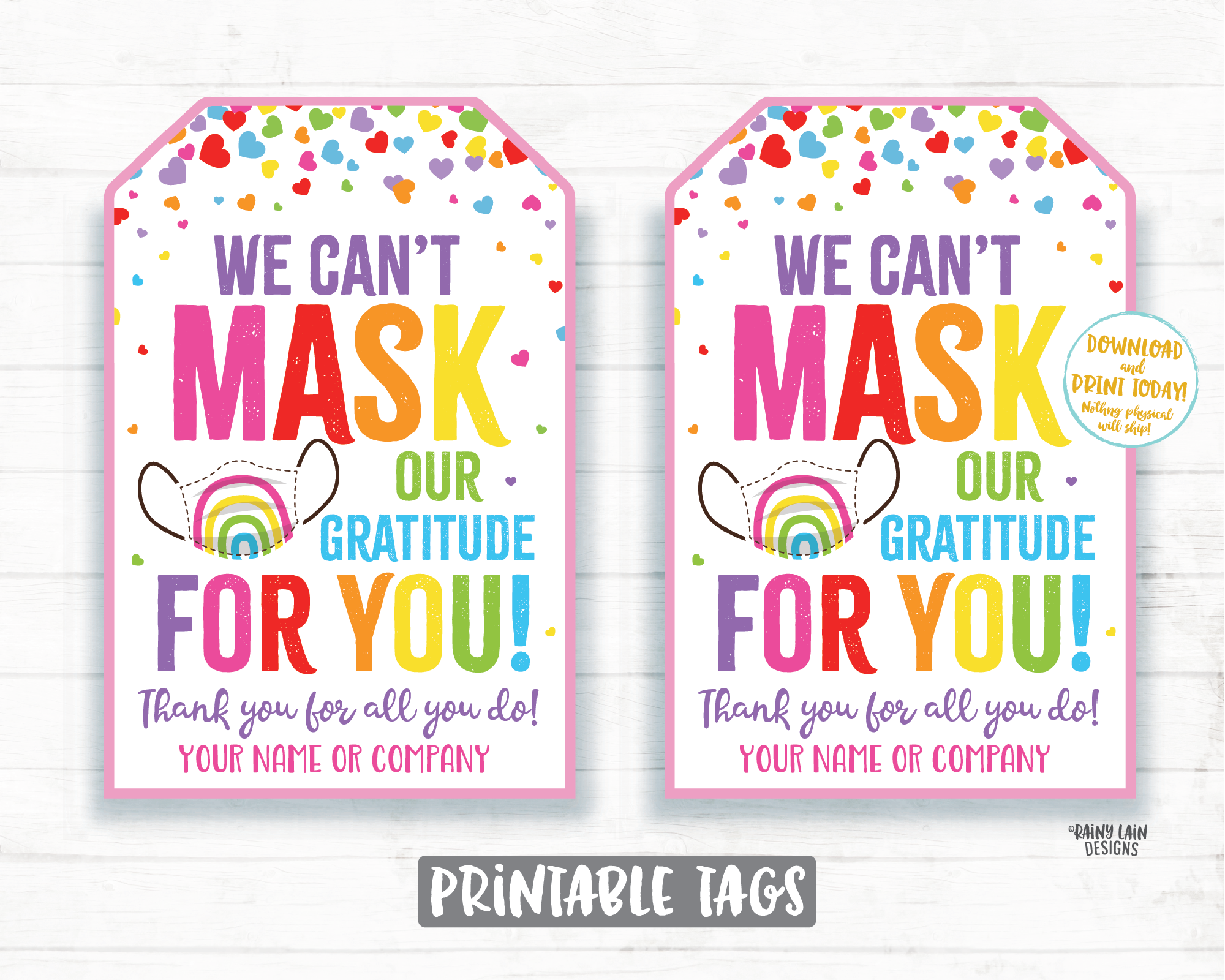 Face Mask Gift Tag, Can't Mask our Gratitude Mask Tag, Employee Appreciation Tag Company Frontline Essential Worker Staff Corporate Teacher