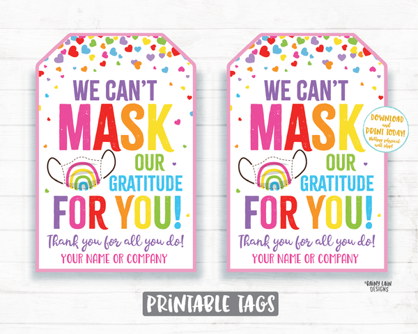 Face Mask Gift Tag, Can't Mask our Gratitude Mask Tag, Employee Appreciation Tag Company Frontline Essential Worker Staff Corporate Teacher