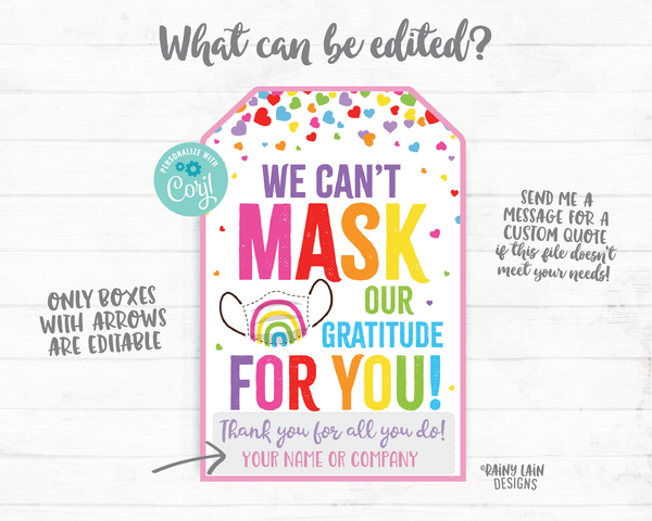 Face Mask Gift Tag, Can't Mask our Gratitude Mask Tag, Employee Appreciation Tag Company Frontline Essential Worker Staff Corporate Teacher