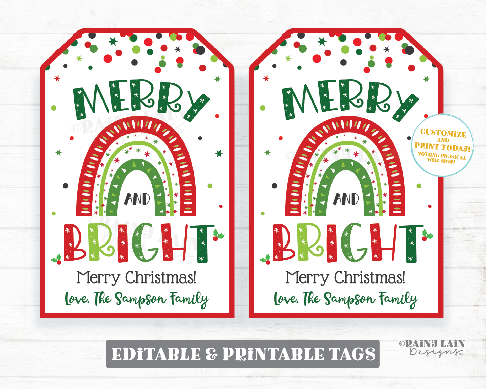 Merry and Bright Tag Christmas Gift Tag Holiday Rainbow Employee Staff – Rainy Lain Designs LLC for Free Printable Rainbow Gift Tags