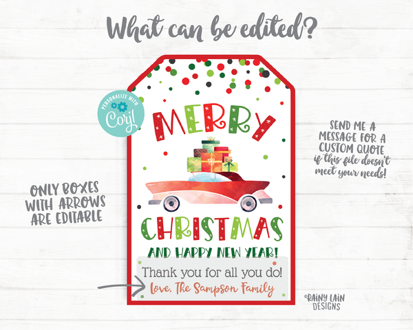Christmas Gift Tag Holiday Employee Co-worker Teacher Friend Neighbor Wine Beer Cookies Baked Goods Nuts Car with Presents