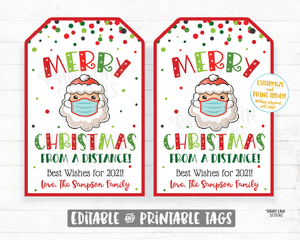 Merry Christmas From A Distance Tags Editable Holiday Gift Tags Printable Christmas Tags Santa Mask Tags 2020 Social Distancing Pandemic