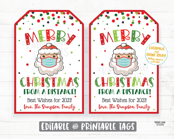 Merry Christmas From A Distance Tags Editable Holiday Gift Tags Printable Christmas Tags Santa Mask Tags 2020 Social Distancing Pandemic