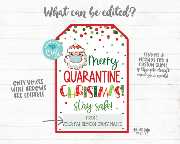 Merry Quarantine Christmas Tags Printable Christmas Editable Holiday Favor Tags Christmas Mask Tags 2020 Social Distancing Pandemic Gift Tag