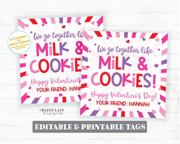 We go together like Milk and Cookies Valentine's Day Tag Cookie Valentine Circus Animal Preschool Classroom Printable Editable Easy Kids