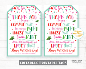 Mint Valentine Gift Tag Valentine's Day Mint Thank you Editable Employee Appreciation Staff Teacher Coach PTO Volunteer Printable
