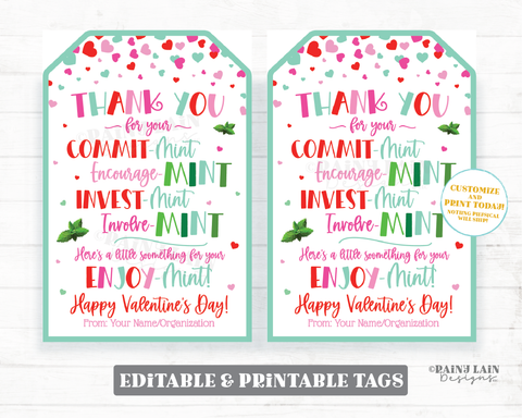 Mint Valentine Gift Tag Valentine's Day Mint Thank you Editable Employee Appreciation Staff Teacher Coach PTO Volunteer Printable