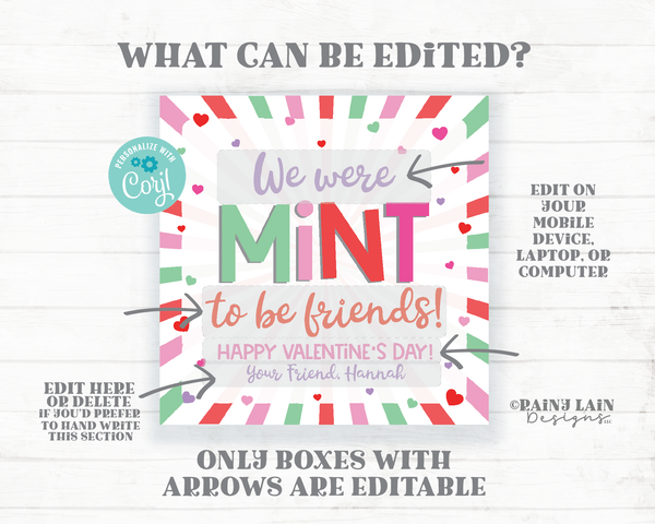 We were mint to be friends Valentine's Day Mint Cookies Valentine Mints Mint Candy Teacher Friend Co-Worker Classroom Preschool Printable