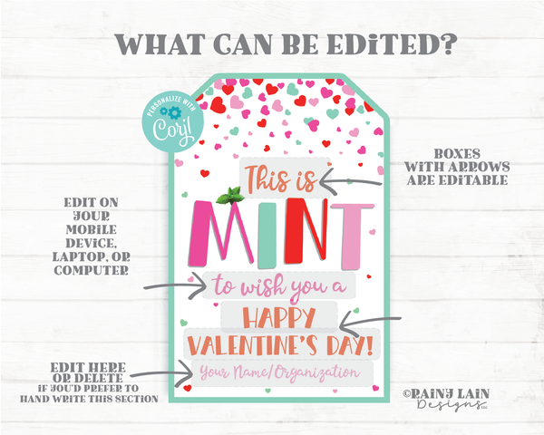 Mint to Wish you Happy Valentine's Day Tag Mint Cookies Candy Thank you Gift Appreciation Classroom Easy Kids Staff Teacher PTO Printable