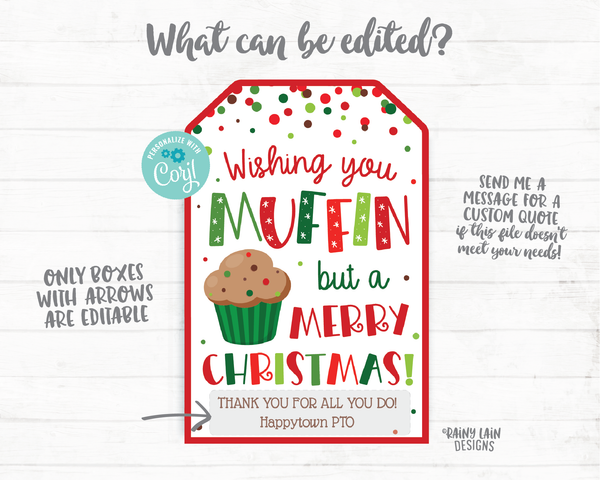 Wishing you Muffin but a Merry Christmas Tags Christmas Gift Tag Homemade Muffins Tags Holiday Gift Teacher Coach Staff Co-worker Neighbor