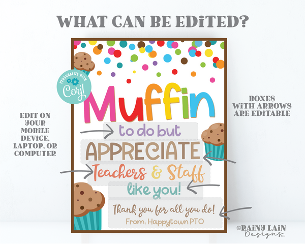 Muffin to do but Appreciate Teachers and Staff Like You Sign Employee Appreciation Company Corporate PTO PTA School Muffins Sign Lounge Room